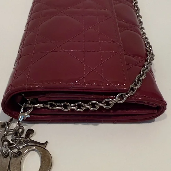 Christian Lady Dior Fuchsia Patent Leather Cannage Rendezvous Wallet Chain WOC - Picture 5 of 11